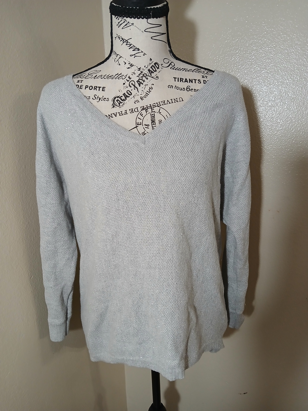 Express Light Gray Metalic V-Neck Sparkle Knit Sweater